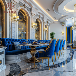 Set di Mobili di Lusso Moderni per <span class=keywords><strong>Ristorante</strong></span>: Divano in Velluto Blu con Bottoni, Poltrone con Finiture Dorate, Tavolo in Marmo per Sala da Pranzo e Soggiorno - Product Image 1