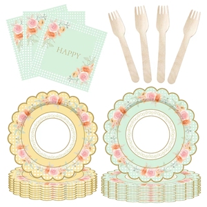 ชุดถ้วยน้ำชา จานรอง กระดาษเช็ดปาก ถ้วยชาและจานรองพร้อมหูจับ สำหรับงานเลี้ยงวันเกิดเจ้าหญิง ตกแต่งงานฉลองวันเกิดเด็ก ลายดอกไม้ - Product Image 4