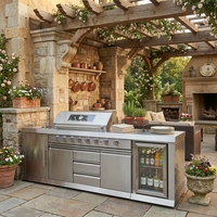 Cuisine extérieure haut de gamme en acier inoxydable pour jardin et cour, avec mini-réfrigérateur en verre, îlot de cuisine modulaire avec barbecue