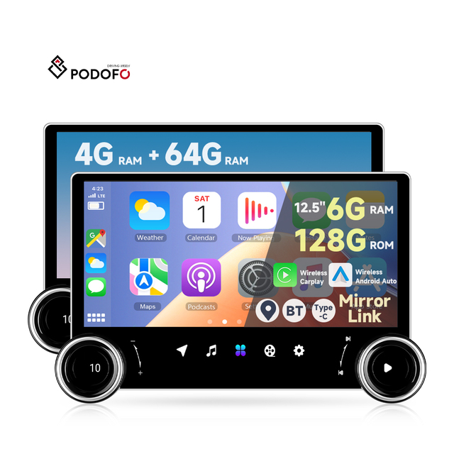 Podofo Diamond 2K Android 12.5'' 2 Din Car Radio 4+64G/6+128G Double Knob Autoradio Carplay Android Auto GPS Typy-C Radio ODM