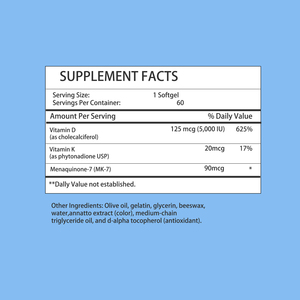 Gélules de Vitamine D3 K à Marque Blanche – Complément Alimentaire pour des Os Forts, un Cœur Sain et une Fonction Immunitaire Optimale - Product Image 2