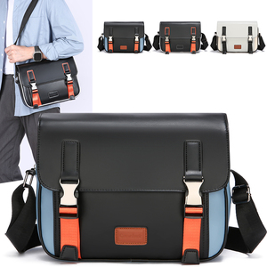 Sac à bandoulière/sacoche en cuir PU pour homme, à blocs de couleur, grande capacité, avec logo personnalisé et motif géométrique, fermeture éclair - Product Image 1