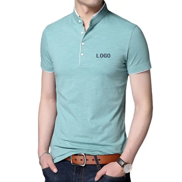 New fashion brand polo shirt men's summer stand up collar slim fit solid color button breathable casual custom men's wear