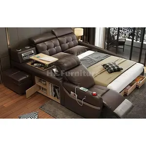 Latest Luxury Smart Multifunctional Bed Frame With Massage Chair Leather Storage Bed With Drawers