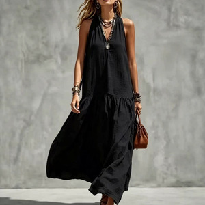 V Neck Sleeveless Solid Color <b>Dress</b> Elastic Waist Loose Fit Casual <b>Maxi</b> <b>Dress</b> For Women Black And <b>Purple</b> Smlxlxxl - Product Image 1