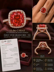 Pierre synthétique (cultivée en laboratoire) de haute qualité, orange-rouge vif fantaisie, taille coussin, 15,06 carats, clarté VS1, certifiée IGI, pour la fabrication de bijoux, exportation - Product Image 2