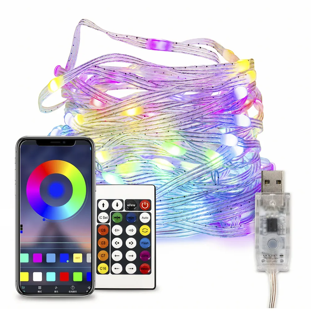 32.8ft 10m IP65 5V USB Port Smart App Remote Control Dream Color Changing RGBIC Copper Wire Outdoor Christmas LED String Lights