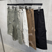 Celana Pendek Cargo Pria Musim Panas Model Amerika Terbaru, Longgar, Berlubang, Vintage, Distressed, Kaki Lurus, OEM Custom