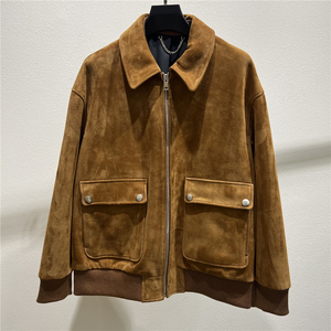 Venta al por mayor Casual logotipo personalizado cremallera gran bolsillo suave genuino piel de oveja abrigo Streetwear mujeres otoño Vintage <span class=keywords><strong>chaqueta</strong></span> de cuero de ante - Product Image 1