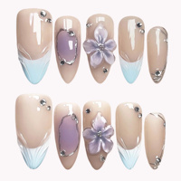 Faux ongles à presser en acrylique, forme amande, bleu nude violet, avec fleurs 3D, strass et ligne métallique argentée, vente en gros pour salons de manucure