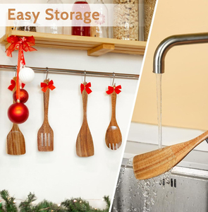 Ensemble de 7 ustensiles de cuisine en bois, ustensiles de cuisine en bois avec support, cuillères pour cuisiner, bois de teck et d'acacia naturel - Product Image 5