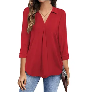 Low MOQ Fashion Womens Collared V Neck 3/4 Sleeve Shirts Business Casual Tops Loose Fit Work Blouses