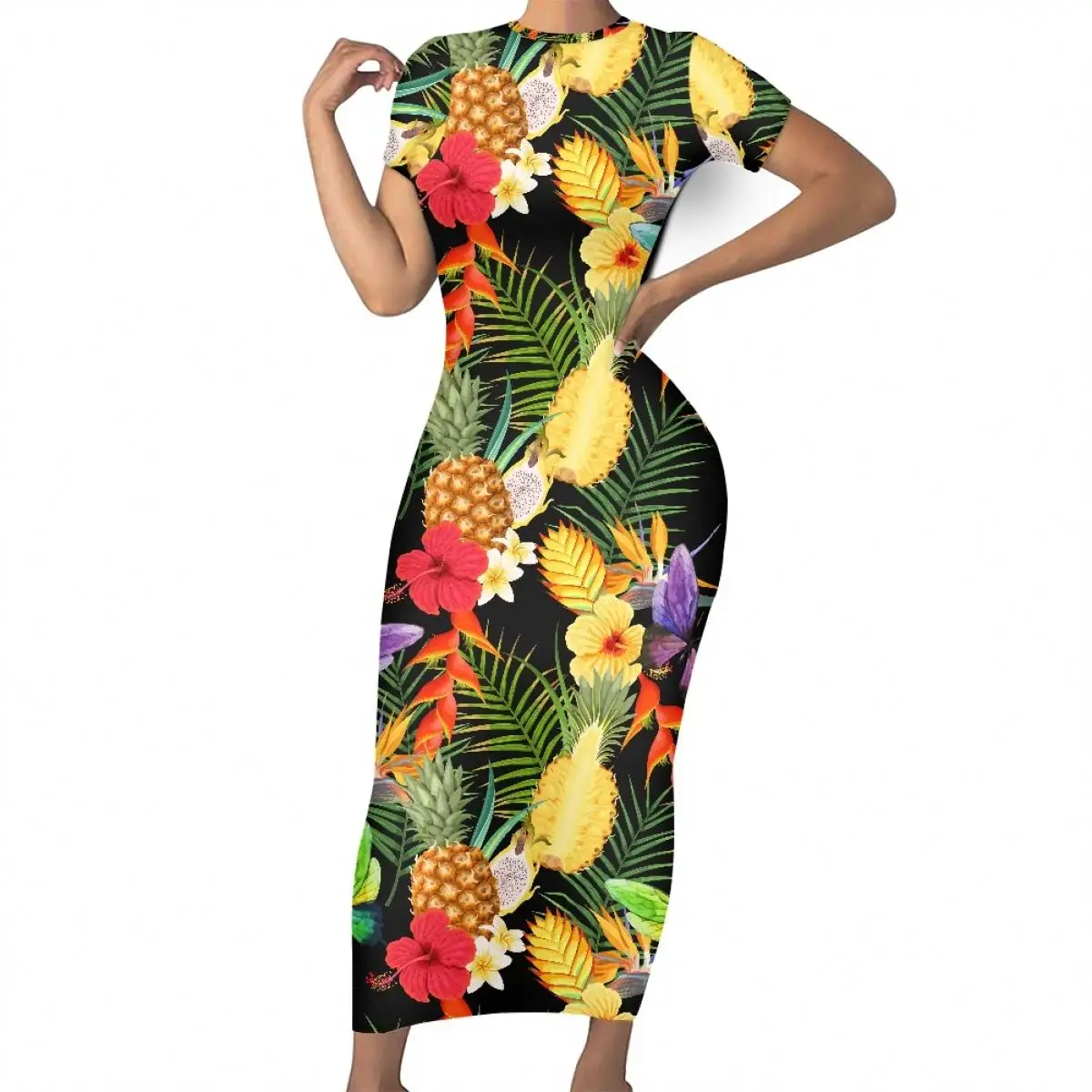 Toptan ucuz tropikal ananas çiçek tasarım kumaşlar kadın çiçek rahat elbiseler elbise o-boyun kısa kollu ofis elbise