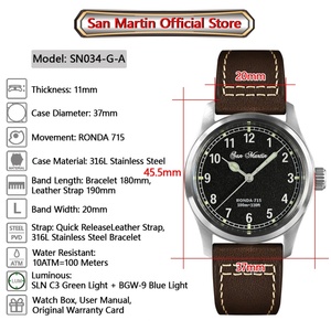 Montre pilote pour homme San Martin SN0034-G-A, mouvement à quartz RONDA 715, cadran à motif flamme, style simple et tendance, 10 bars, lumineuse - Product Image 2
