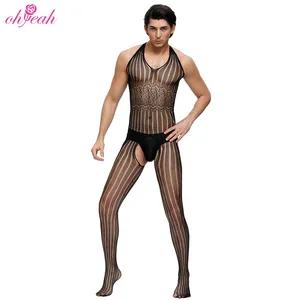 Lingerie de malha de alta qualidade com padrão de listras ocas sexy lingerie gay de nylon masculina meia-calça