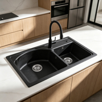 Évier de cuisine composite personnalisé en pierre de quartz, 30 pouces, à poser, double bac, pour salle de bain et buanderie, compatible granit