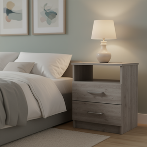 Comodino Salento con due cassetti e un ripiano, grigio chiaro, mobile moderno per camera da letto - Product Image 2