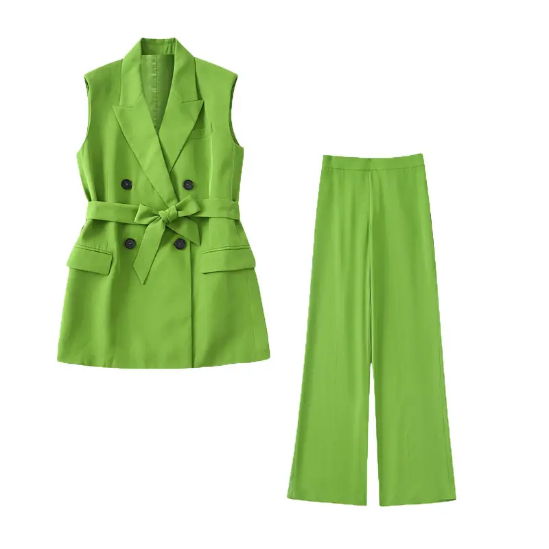 New Arrival Green Office Suits Sleeveless Blazers And Pant 2 Piece Set For Women