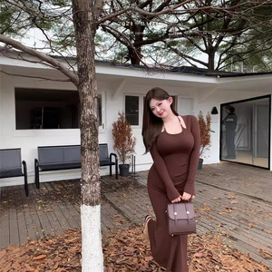 French Style Halter Neck Bodycon Dress Burgundy Fitted Waist Evening Gown Cut Out Maxi Skirt - Product Image 2