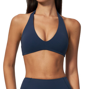 Soutien-gorge de yoga pour femme, col halter en V, dos croisé, respirant, maintien élevé, antichoc, froncé, sans armatures, sous-vêtement de sport - Product Image 1