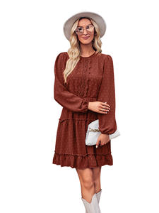 Robe en dentelle à col rond, couleur unie, taille cintrée, sur mesure en gros - Product Image 4