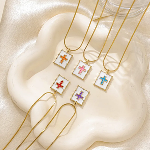 Trendy 18K <b>Gold</b> Plated 304 Stainless Steel Cross Pendant Necklace With Square Oil Drop And <b>Snake</b> <b>Chain</b> For Casual Women Jewelry - Product Image 4