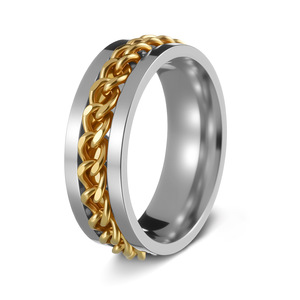 Anéis Antiestresse Giratórios de Aço Inoxidável Banhados a Ouro Modernos com Corrente Rotativa Unissex - Product Image 6