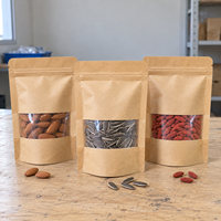 Sachet Doypack en papier kraft brun de qualité alimentaire, refermable avec fermeture éclair et fenêtre transparente, prêt pour la vente au détail, pour amandes, noix et snacks