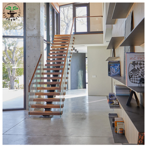 <span class=keywords><strong>Escalier</strong></span> flottant en acier <span class=keywords><strong>noir</strong></span> au design <span class=keywords><strong>moderne</strong></span> avec garde-corps en verre à fixation sans cadre pour villas - Product Image 3