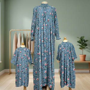 Robes décontractées de qualité supérieure pour mère et fille, style quotidien, maxi, en rayonne, col en V, manches longues, taille élastique, imprimé floral - Product Image 3