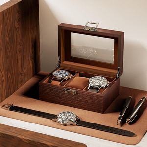 3 Slot Watch Display Case with Glass Lid Classic Rosewood Wooden Watch Organizer Modern Rectangle Wood Watch <b>Storage</b> <b>Box</b> - Product Image 6