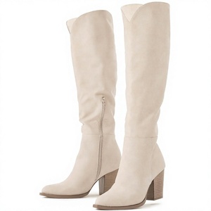 Botas Altas Beige Tipo Vaquero con Tacón Grueso y Punta Puntiaguda para Mujer, con Cierre Lateral y Aspecto de Gamuza - Product Image 3