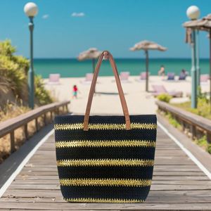 Sac fourre-tout de luxe rayé doré, grande capacité, en paille, pour l'été, les voyages en extérieur et la plage - Product Image 1