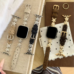 Upro <b>Women</b> Retro Genuine Leather <b>Watch</b> Band With Pearl Metal-spliced <b>Watch</b> Bands Strap for Apple I <b>Watch</b> 46mm - Product Image 3