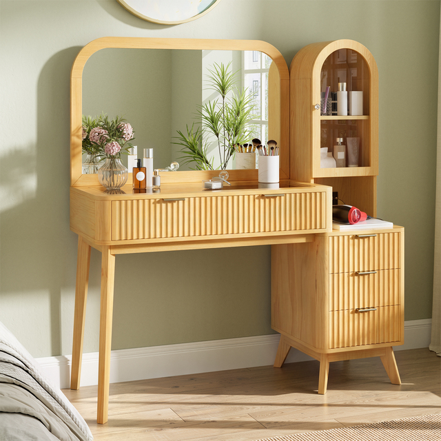 48" Fluted Modern Makeup Vanity Desk 32" Lighted Standing Mirror Tempered Glass Top MDF 4 Drawers Storage Foldable Dressing