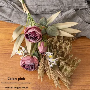 Rosas de alta calidad, margaritas, ramo de hierba de eucalipto, telón de fondo, ramo de flores artificiales de seda para decoración de centro de mesa de boda - Product Image 5