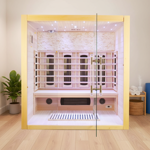 Sauna infrarouge lointain moderne en bois de pruche pour 3-4 personnes avec panneau de commande et vapeur sèche - Product Image 1