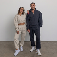 Ensemble de survêtement décontracté pour femme avec sweat à demi-zip et pantalon de survêtement, personnalisable avec logo, coupe courte, grammage lourd, écologique, vente en gros