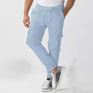 Pantalon cargo pour hommes, bleu clair, en coton, avec cordon de serrage, taille élastique, multi-poches, décontracté, pour un usage quotidien et des activités de plein air - Product Image 1