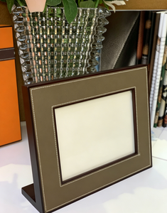 Elegant Taupe Leather <b>Picture</b> <b>Frame</b> With Solid <b>Wood</b> Stand For Home And Office - Product Image 1