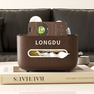 Longdu Tissue Box Walnut Wood Color Multi-Purpose Desktop Organizer For Living Room <b>Table</b> - Product Image 1