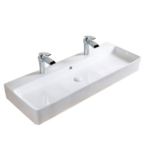 <span class=keywords><strong>Lavabo</strong></span> double en céramique à poser, grande taille, carré, double trou, ultra-fin, style moderne et épuré - Product Image 1
