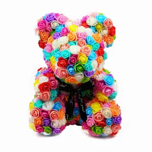 Yiwu Factory Export Direct 40cm Multicolor Rose Bear Custom Rainbow Rose Bear