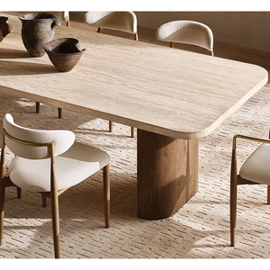 Tables à manger de luxe personnalisées Rhoohill avec plateau en travertin, tables rectangulaires modernes en <span class=keywords><strong>bois</strong></span> massif pour salle à manger - Product Image 1