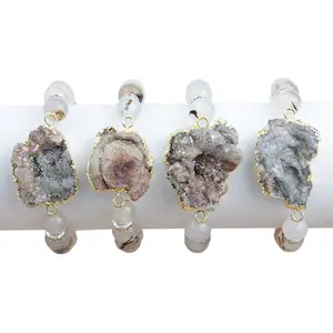 LS-A250 fashion natural sunstone druzy beaded bracelet with gold plated shinning stretch bracelet wholesale hot selling