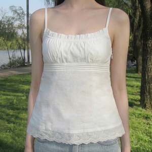 Camisola Y2K con Pliegues y Encaje, Estilo Dulce y Minimalista, Color Sólido, Combinable con Todo, Sin Mangas, para Mujer, Venta al Por Mayor - Product Image 1