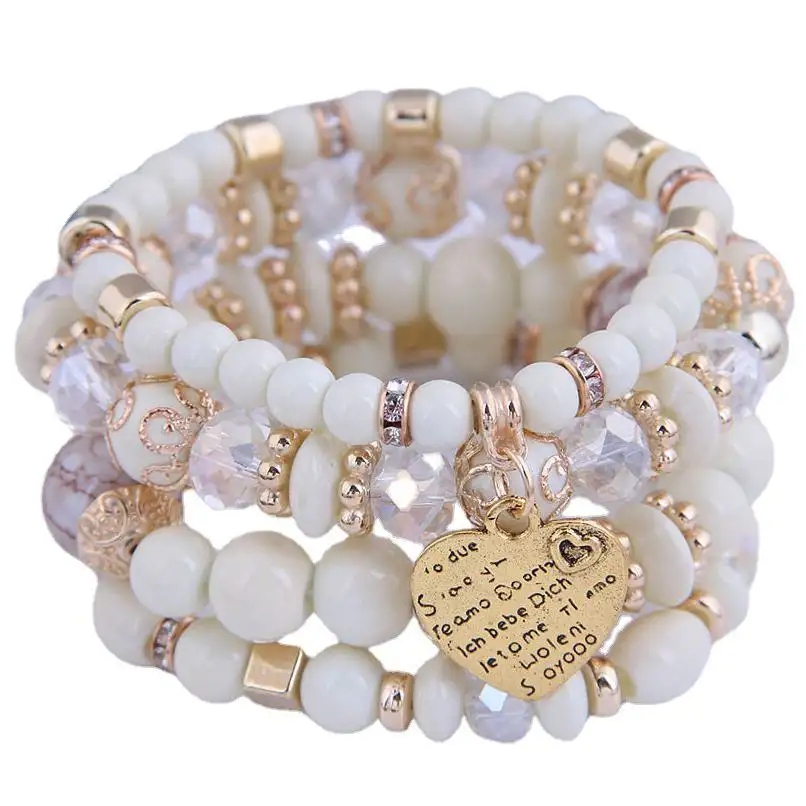 MIYOUKE 4pcs/set Bohemia Style Resin Beads Crystal Stone Heart Charm Elastic Multilayer Wrap Bracelet For Women Jewelry