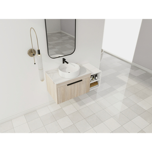 Mueble de Baño Flotante de Diseño Moderno con Lavabo de Cerámica, Encimera de Piedra Blanca, Pequeños Estantes de Almacenamiento y Cierre Suave - Product Image 3