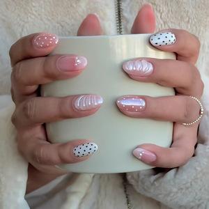 <span class=keywords><strong>Uñas</strong></span> Postizas de Gel 3D con Diseño de Puntos Franceses para Manicura de Verano, 24 Piezas, Color Marrón Almendrado Mediano, para Mujeres y Niñas - Product Image 2
