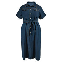 Robes maxi longues décontractées en denim uni à manches courtes et col rabattu pour femmes grandes tailles, taille empire, été